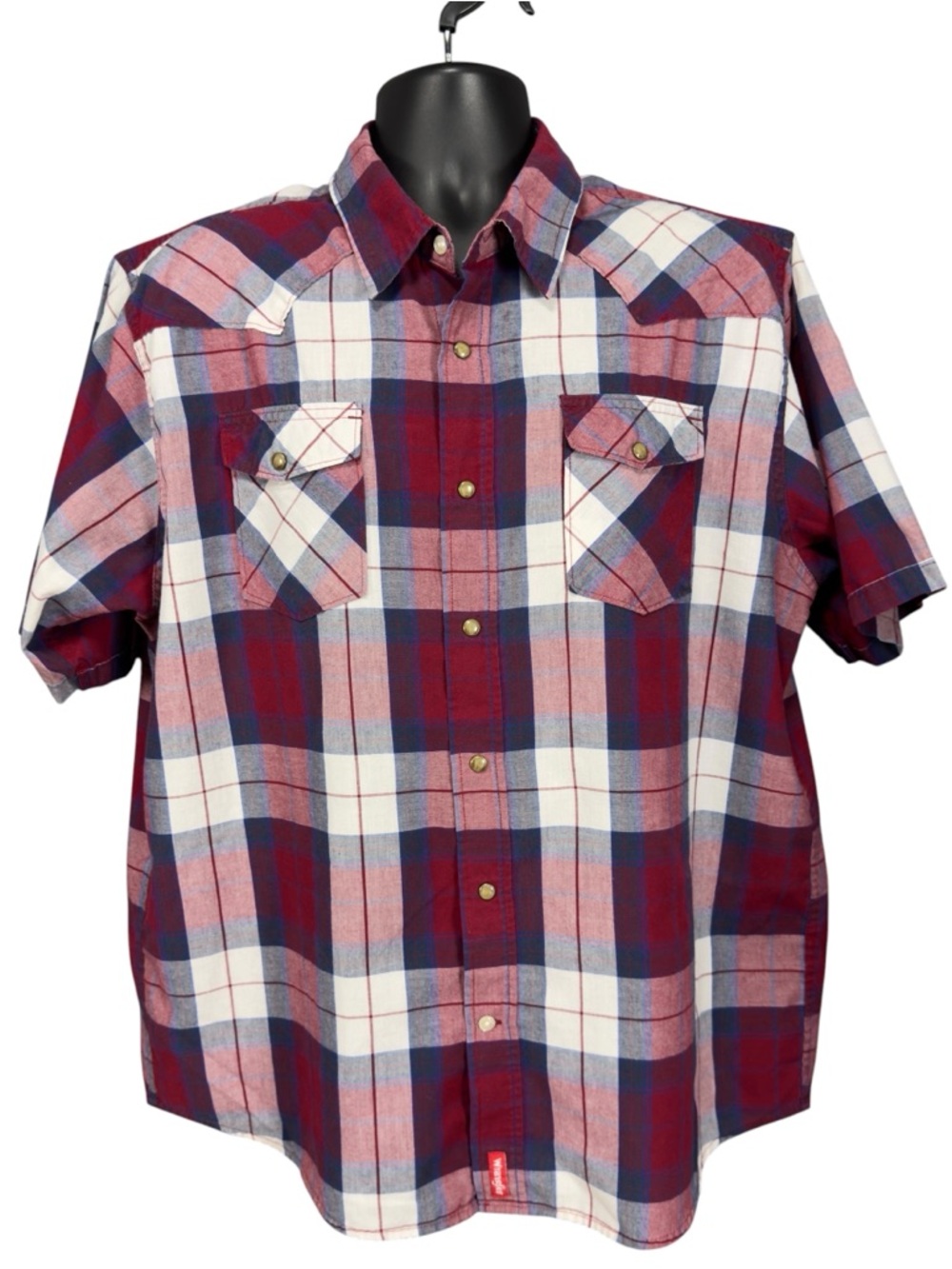 Wrangler Men's Short-Sleeve Plaid Pearl Snap Shirt in Red, Blue and White, XL